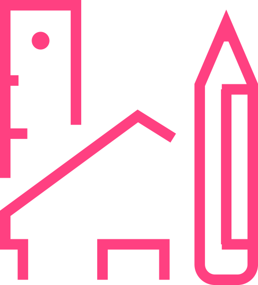 Home Improvement Icon Magenta pencil, rule, and house icon